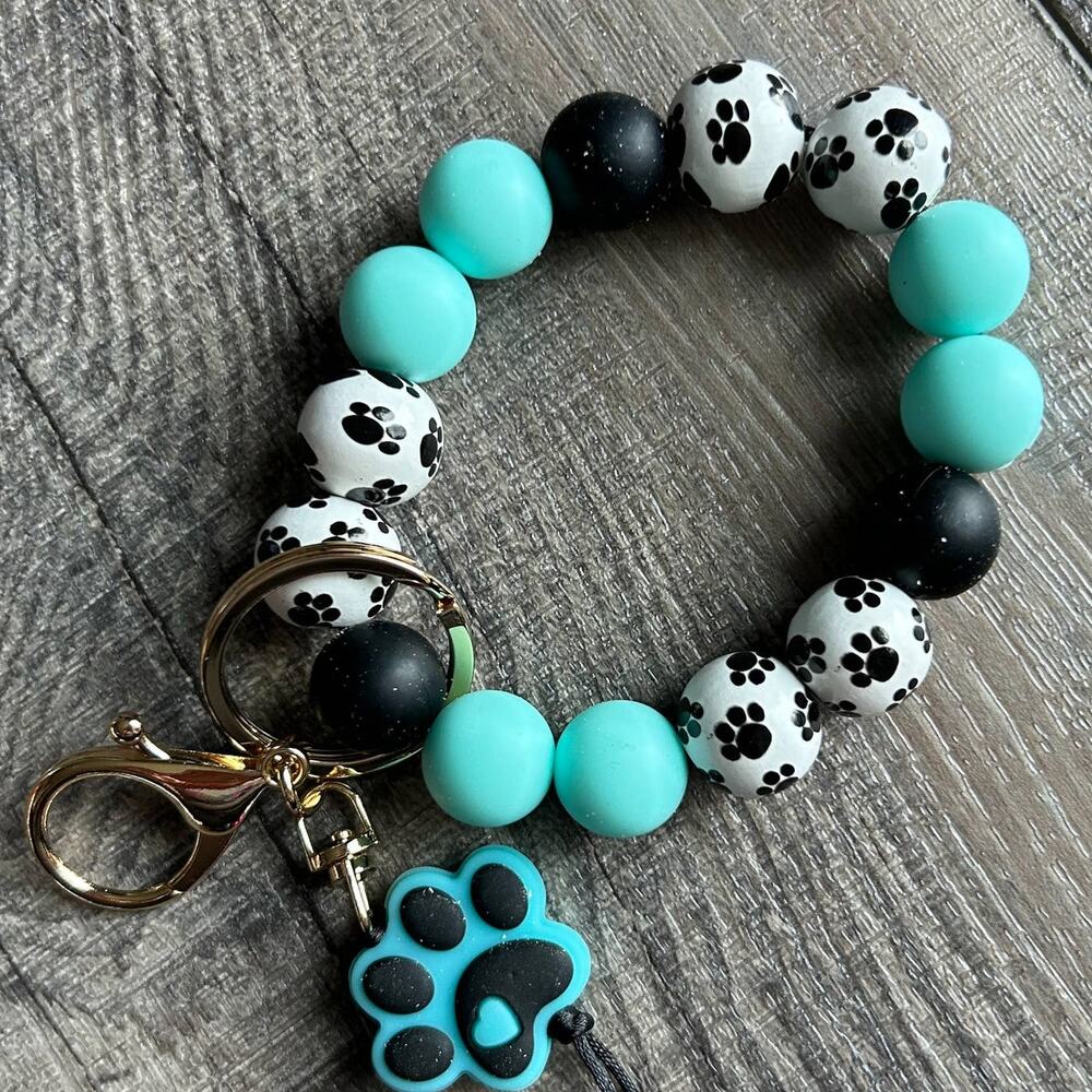 Paw Print Teal Silicone and Wooden Bead Wristlet Keychain - Picture 1 of 2